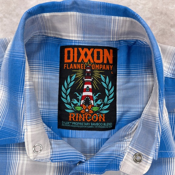 Dixxon Rincon Bamboo Blend Short Sleeve Plaid Snap Button Shirt Large Blue White - Picture 3 of 11